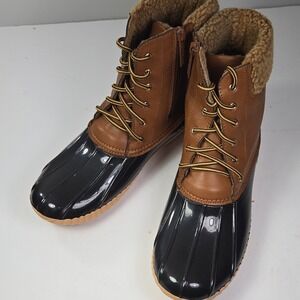 DailyShoes Women's Brown Black Duck Boots Sherpa Lined Lace Up Side Zip Size 11